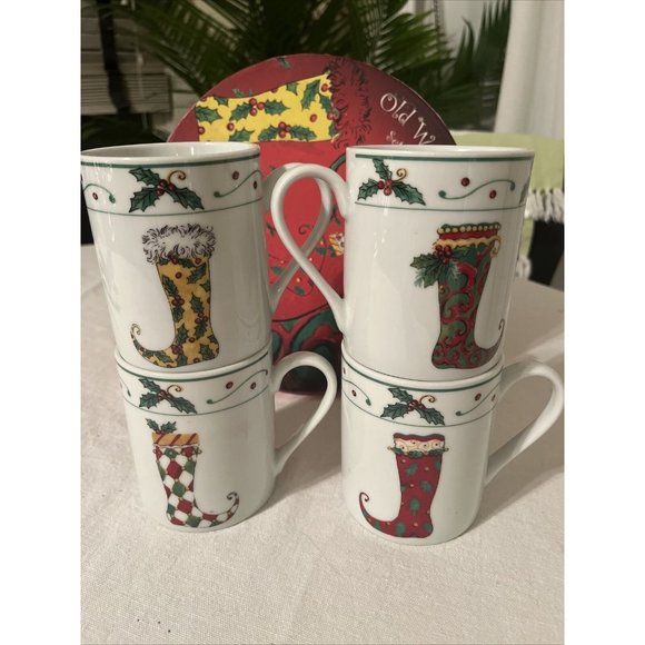 Godinger Christmas Mugs 14 Oz Coffee Cups Porcelain Old World Stockings New - Picture 2 of 5